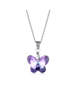 Korean Fashion Minimalist Glass Crystal Butterfly Pandent Stainless Steel Necklace - Amethyst