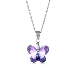Korean Fashion Minimalist Glass Crystal Butterfly Pandent Stainless Steel Necklace - Amethyst