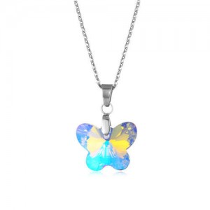 Korean Fashion Minimalist Glass Crystal Butterfly Pandent Stainless Steel Wholesale Necklace - Luminous White