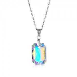 Korean Fashion Minimalist Glass Crystal Rectangle Pandent Stainless Steel Necklace - Luminous White