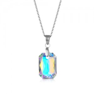 Korean Fashion Minimalist Glass Crystal Rectangle Pandent Stainless Steel Necklace - Luminous White