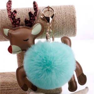 Lovely Deer with Fluffy Ball Christmas Element Handbag Pendant Accessories Wholesale Key Chain - Green