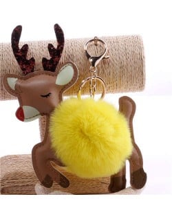 Lovely Deer with Fluffy Ball Christmas Element Handbag Pendant Accessories Wholesale Key Chain - Yellow