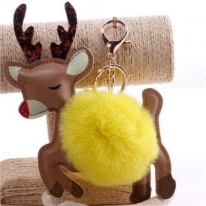 Lovely Deer with Fluffy Ball Christmas Element Handbag Pendant Accessories Wholesale Key Chain - Yellow