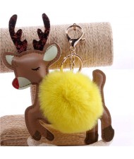 Lovely Deer with Fluffy Ball Christmas Element Handbag Pendant Accessories Wholesale Key Chain - Yellow