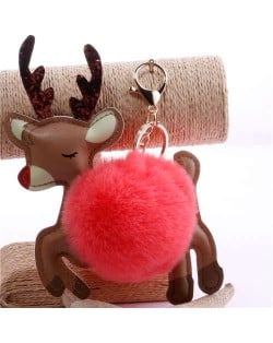 Lovely Deer with Fluffy Ball Christmas Element Handbag Pendant Accessories Wholesale Key Chain - Red