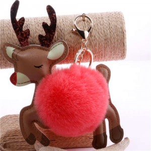 Lovely Deer with Fluffy Ball Christmas Element Handbag Pendant Accessories Wholesale Key Chain - Red