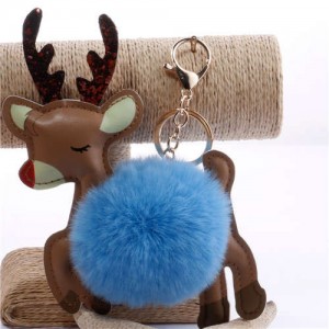 Lovely Deer with Fluffy Ball Christmas Element Handbag Pendant Accessories Wholesale Key Chain - Blue