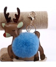 Lovely Deer with Fluffy Ball Christmas Element Handbag Pendant Accessories Wholesale Key Chain - Blue