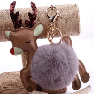 Lovely Deer with Fluffy Ball Christmas Element Handbag Pendant Accessories Wholesale Key Chain - Gray