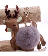 Lovely Deer with Fluffy Ball Christmas Element Handbag Pendant Accessories Wholesale Key Chain - Gray