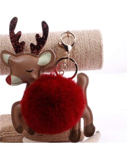 Lovely Deer with Fluffy Ball Christmas Element Handbag Pendant Accessories Wholesale Key Chain - Dark Red