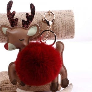 Lovely Deer with Fluffy Ball Christmas Element Handbag Pendant Accessories Wholesale Key Chain - Dark Red