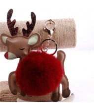 Lovely Deer with Fluffy Ball Christmas Element Handbag Pendant Accessories Wholesale Key Chain - Dark Red