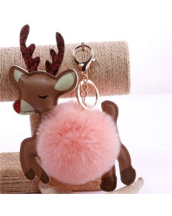 Lovely Deer with Fluffy Ball Christmas Element Handbag Pendant Accessories Wholesale Key Chain - Pink