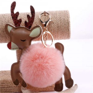 Lovely Deer with Fluffy Ball Christmas Element Handbag Pendant Accessories Wholesale Key Chain - Pink