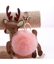 Lovely Deer with Fluffy Ball Christmas Element Handbag Pendant Accessories Wholesale Key Chain - Pink