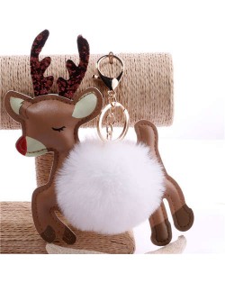 Lovely Deer with Fluffy Ball Christmas Element Handbag Pendant Accessories Wholesale Key Chain - White