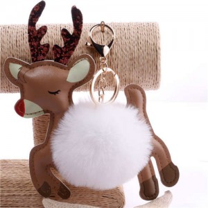 Lovely Deer with Fluffy Ball Christmas Element Handbag Pendant Accessories Wholesale Key Chain - White