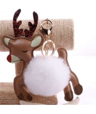 Lovely Deer with Fluffy Ball Christmas Element Handbag Pendant Accessories Wholesale Key Chain - White