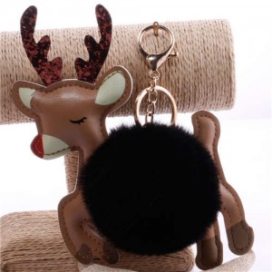 Lovely Deer with Fluffy Ball Christmas Element Handbag Pendant Accessories Wholesale Key Chain - Black