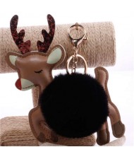 Lovely Deer with Fluffy Ball Christmas Element Handbag Pendant Accessories Wholesale Key Chain - Black
