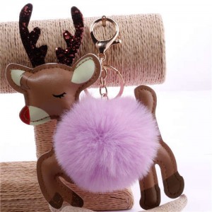 Lovely Deer with Fluffy Ball Christmas Element Handbag Pendant Accessories Wholesale Key Chain - Violet