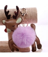 Lovely Deer with Fluffy Ball Christmas Element Handbag Pendant Accessories Wholesale Key Chain - Violet