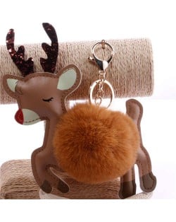 Lovely Deer with Fluffy Ball Christmas Element Handbag Pendant Accessories Wholesale Key Chain - Brown