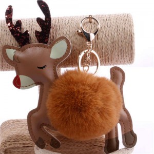 Lovely Deer with Fluffy Ball Christmas Element Handbag Pendant Accessories Wholesale Key Chain - Brown