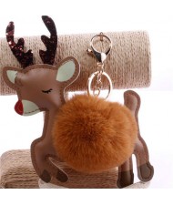 Lovely Deer with Fluffy Ball Christmas Element Handbag Pendant Accessories Wholesale Key Chain - Brown