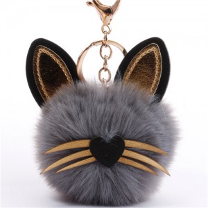 Cute Cat Head with Long Whiskers Fluffy Ball Pendant Accessories Wholesale Key Chain - Gray