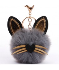 Cute Cat Head with Long Whiskers Fluffy Ball Pendant Accessories Wholesale Key Chain - Gray