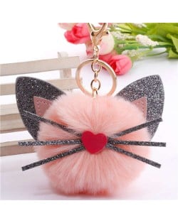 Cute Cat Head with Long Whiskers Fluffy Ball Pendant Accessories Wholesale Key Chain - Pink