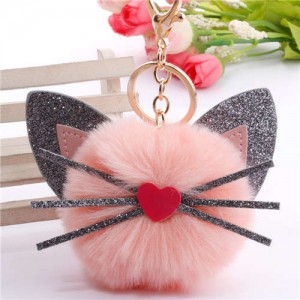Cute Cat Head with Long Whiskers Fluffy Ball Pendant Accessories Wholesale Key Chain - Pink