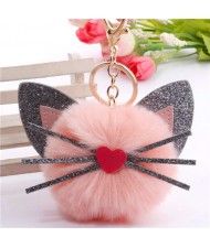 Cute Cat Head with Long Whiskers Fluffy Ball Pendant Accessories Wholesale Key Chain - Pink