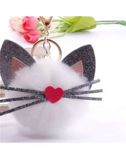 Cute Cat Head with Long Whiskers Fluffy Ball Pendant Accessories Wholesale Key Chain - White