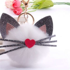 Cute Cat Head with Long Whiskers Fluffy Ball Pendant Accessories Wholesale Key Chain - White