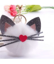 Cute Cat Head with Long Whiskers Fluffy Ball Pendant Accessories Wholesale Key Chain - White