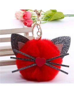 Cute Cat Head with Long Whiskers Fluffy Ball Pendant Accessories Wholesale Key Chain - Red