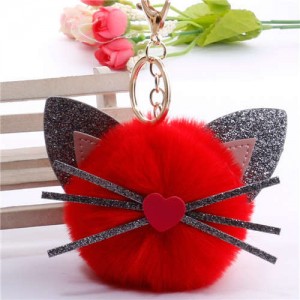 Cute Cat Head with Long Whiskers Fluffy Ball Pendant Accessories Wholesale Key Chain - Red