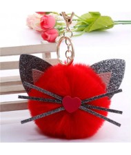 Cute Cat Head with Long Whiskers Fluffy Ball Pendant Accessories Wholesale Key Chain - Red