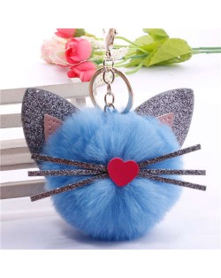 Cute Cat Head with Long Whiskers Fluffy Ball Pendant Accessories Wholesale Key Chain - Blue