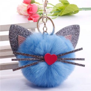 Cute Cat Head with Long Whiskers Fluffy Ball Pendant Accessories Wholesale Key Chain - Blue