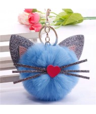 Cute Cat Head with Long Whiskers Fluffy Ball Pendant Accessories Wholesale Key Chain - Blue