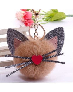 Cute Cat Head with Long Whiskers Fluffy Ball Pendant Accessories Wholesale Key Chain - Khaki