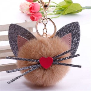 Cute Cat Head with Long Whiskers Fluffy Ball Pendant Accessories Wholesale Key Chain - Khaki