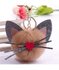 Cute Cat Head with Long Whiskers Fluffy Ball Pendant Accessories Wholesale Key Chain - Khaki