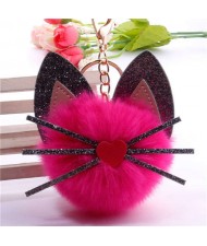 Cute Cat Head with Long Whiskers Fluffy Ball Pendant Accessories Wholesale Key Chain - Rose