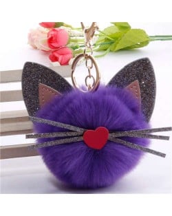 Cute Cat Head with Long Whiskers Fluffy Ball Pendant Accessories Wholesale Key Chain - Purple